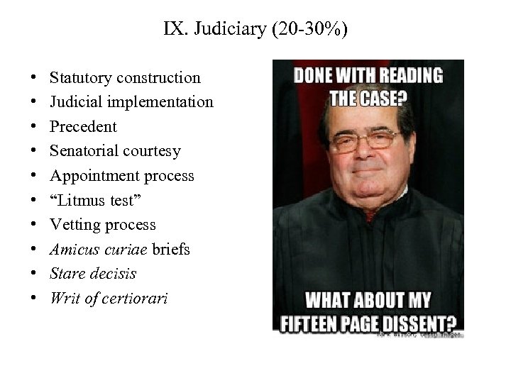 IX. Judiciary (20 -30%) • • • Statutory construction Judicial implementation Precedent Senatorial courtesy