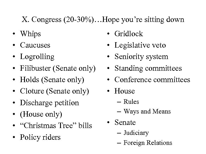 X. Congress (20 -30%)…Hope you’re sitting down • • • Whips Caucuses Logrolling Filibuster