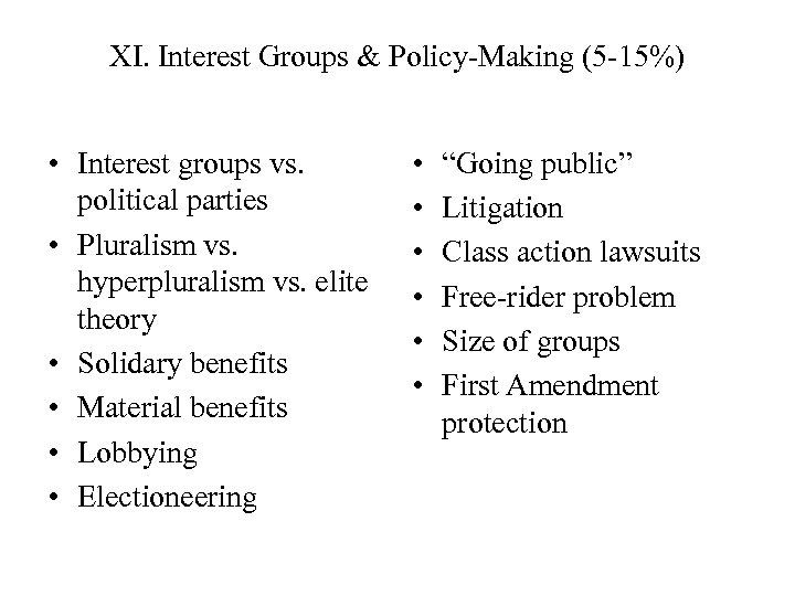 XI. Interest Groups & Policy-Making (5 -15%) • Interest groups vs. political parties •