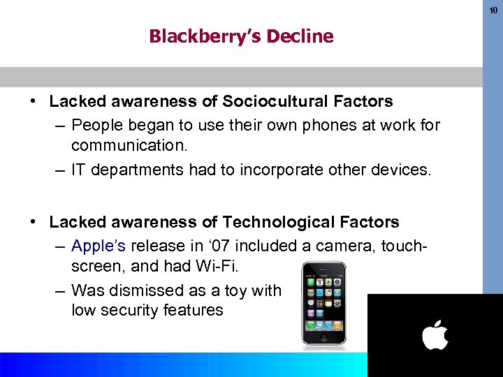 10 Blackberry’s Decline • Lacked awareness of Sociocultural Factors – People began to use