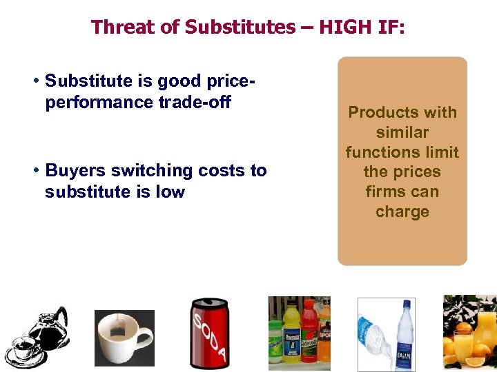 Threat of Substitutes – HIGH IF: • Substitute is good priceperformance trade-off • Buyers