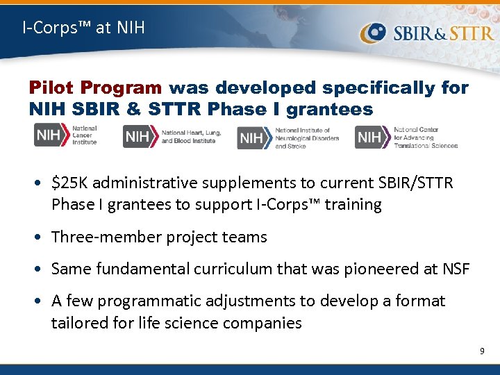 I-Corps™ at NIH Pilot Program was developed specifically for NIH SBIR & STTR Phase