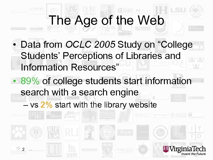 The Age of the Web • Data from OCLC 2005 Study on “College Students’