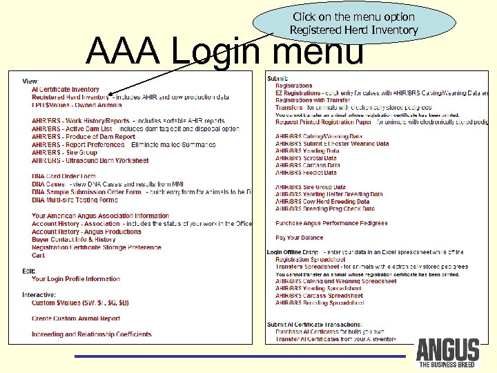 Click on the menu option Registered Herd Inventory AAA Login menu 