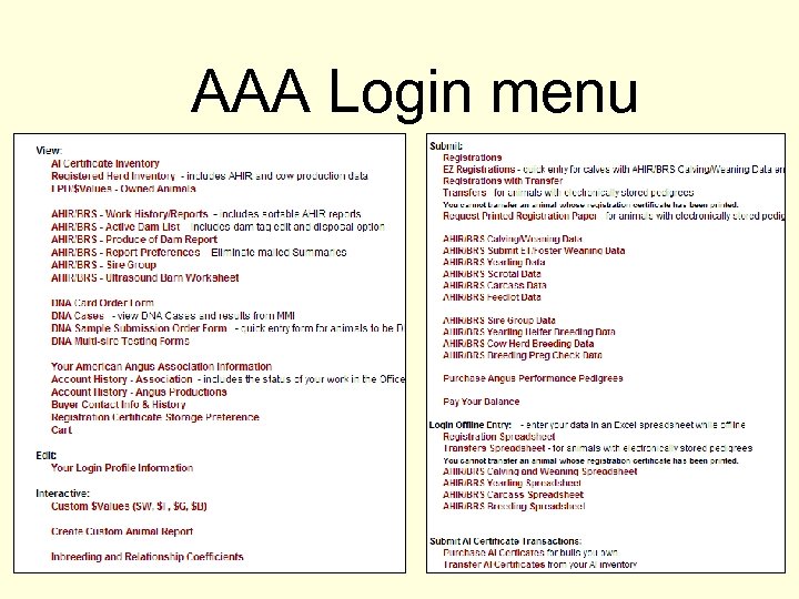 AAA Login menu 