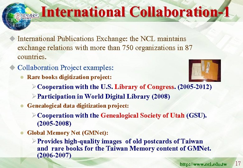 International Collaboration-1 u International Publications Exchange: the NCL maintains exchange relations with more than