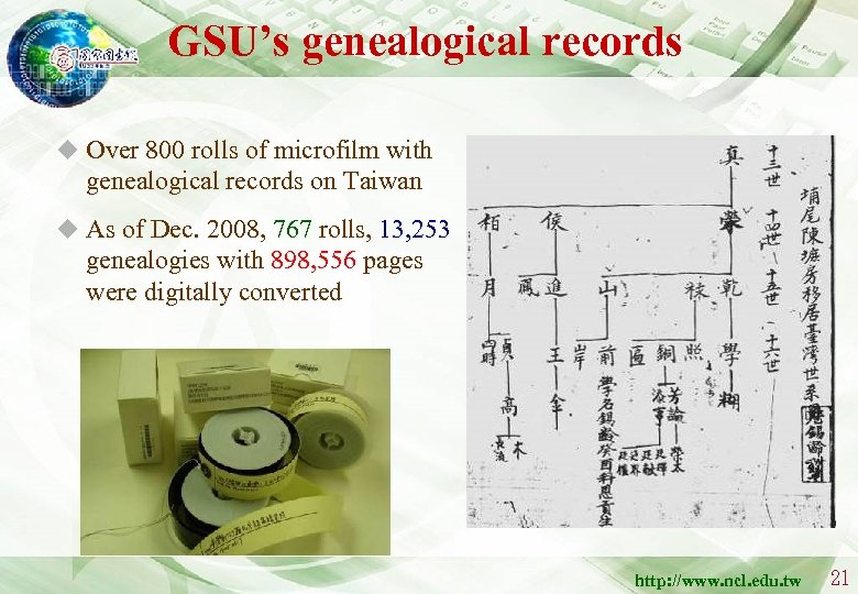 GSU’s genealogical records u Over 800 rolls of microfilm with genealogical records on Taiwan