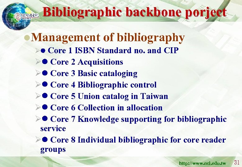 Bibliographic backbone porject l. Management of bibliography Ø Core 1 ISBN Standard no. and