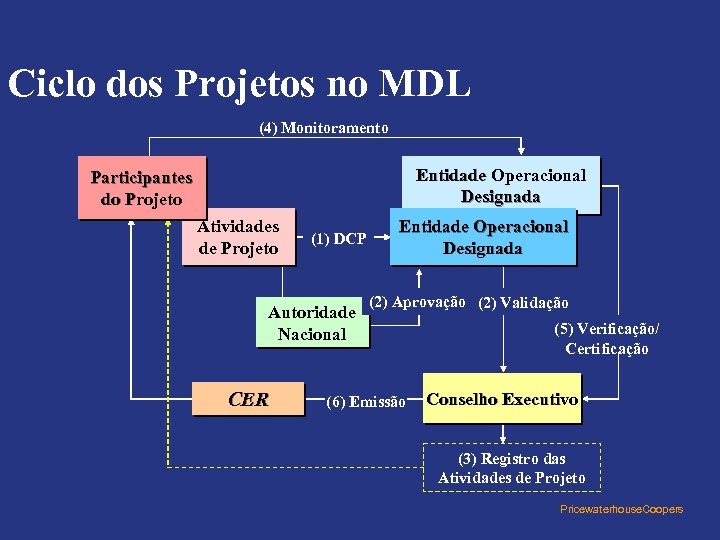 Ciclo dos Projetos no MDL (4) Monitoramento Entidade Operacional Designada Participantes do Projeto Atividades