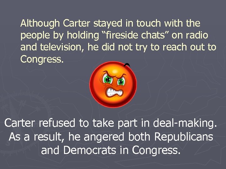 Although Carter stayed in touch with the people by holding “fireside chats” on radio