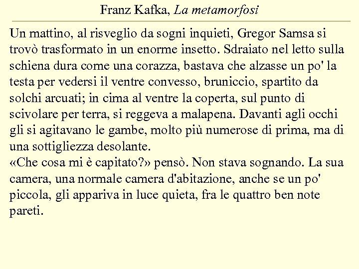 Franz Kafka, La metamorfosi Un mattino, al risveglio da sogni inquieti, Gregor Samsa si