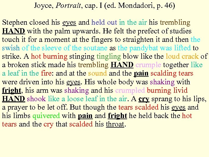 Joyce, Portrait, cap. I (ed. Mondadori, p. 46) Stephen closed his eyes and held