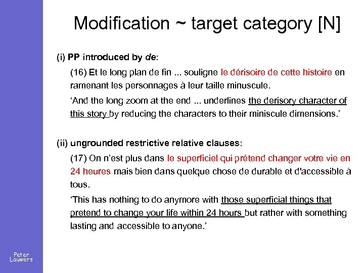 Modification ~ target category [N] (i) PP introduced by de: (16) Et le long