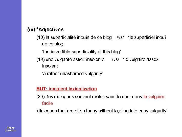 (iii) *Adjectives (18) la superficialité inouïe de ce blog /vs/ *le superficiel inouï de