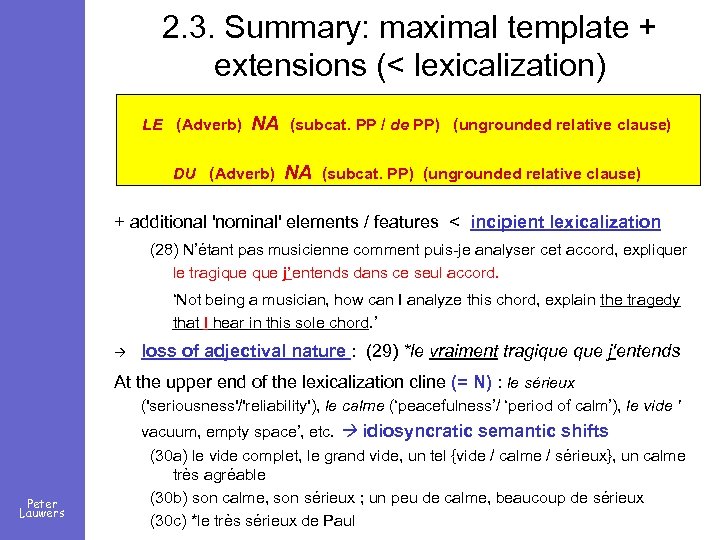 2. 3. Summary: maximal template + extensions (< lexicalization) LE (Adverb) NA (subcat. PP