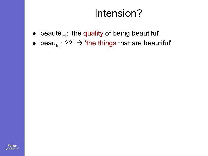 Intension? l l Peter Lauwers beautéInt: 'the quality of being beautiful' beau. Int: ?