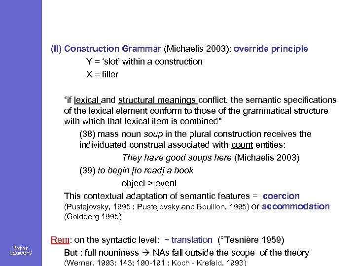 (II) Construction Grammar (Michaelis 2003): override principle Y = ‘slot’ within a construction X