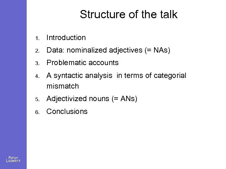 Structure of the talk 1. 2. Data: nominalized adjectives (= NAs) 3. Problematic accounts