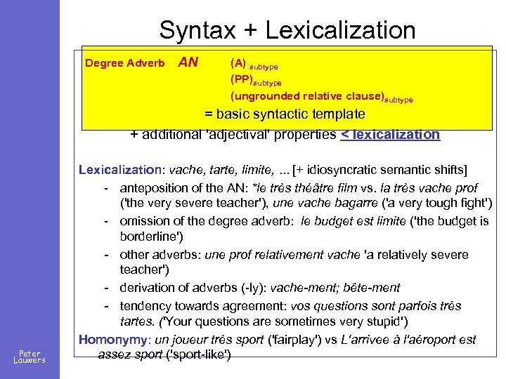Syntax + Lexicalization Degree Adverb AN (A) subtype (PP)subtype (ungrounded relative clause)subtype = basic