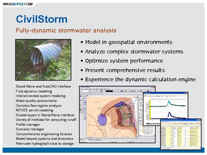 Civil. Storm Fully-dynamic stormwater analysis • Model in geospatial environments • Analyze complex stormwater