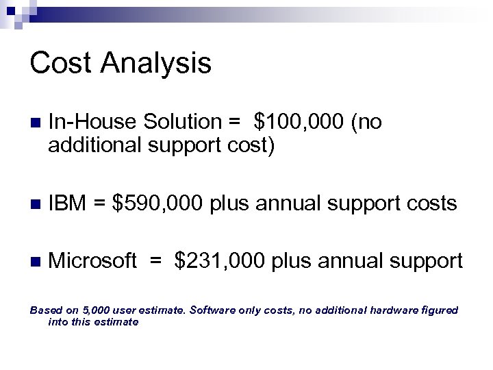 Cost Analysis n In-House Solution = $100, 000 (no additional support cost) n IBM