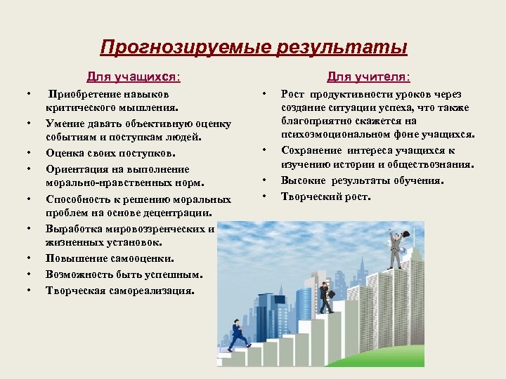 Прогнозируемые результаты Для учащихся: • • • Приобретение навыков критического мышления. Умение давать объективную
