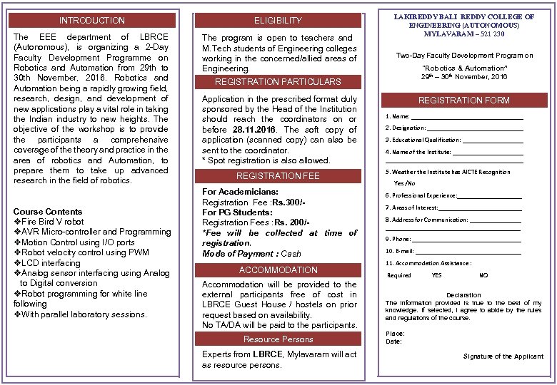 INTRODUCTION ELIGIBILITY The EEE department of LBRCE (Autonomous), is organizing a 2 -Day Faculty