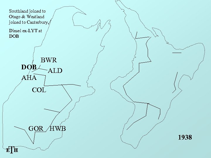 Southland joined to Otago & Westland joined to Canterbury. Diesel ex-LYT at DOB BWR