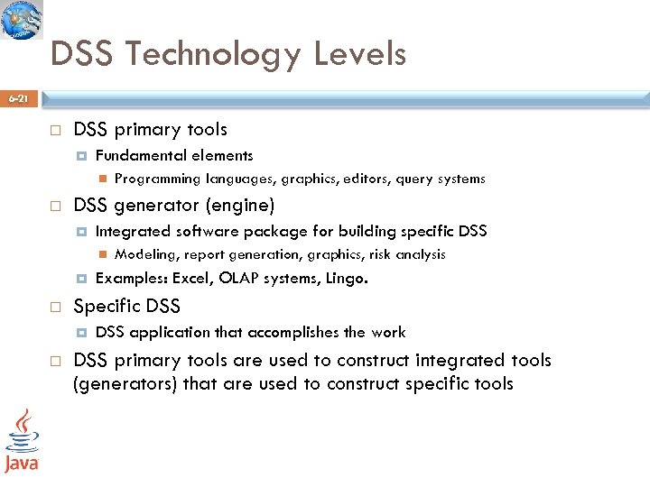 DSS Technology Levels 6 -21 DSS primary tools Fundamental elements DSS generator (engine) Integrated