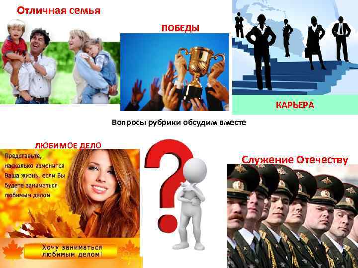 Отличная семья ПОБЕДЫ КАРЬЕРА Вопросы рубрики обсудим вместе ЛЮБИМОЕ ДЕЛО Служение Отечеству 