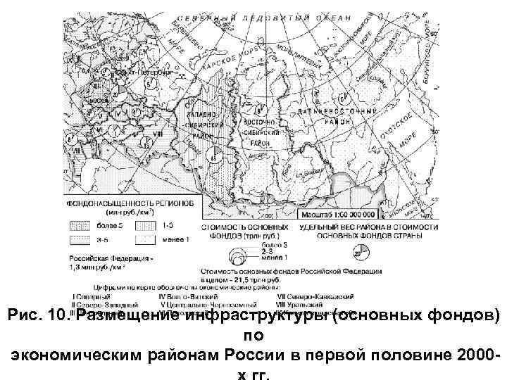 Рис. 10. Размещение инфраструктуры (основных фондов) по экономическим районам России в первой половине 2000