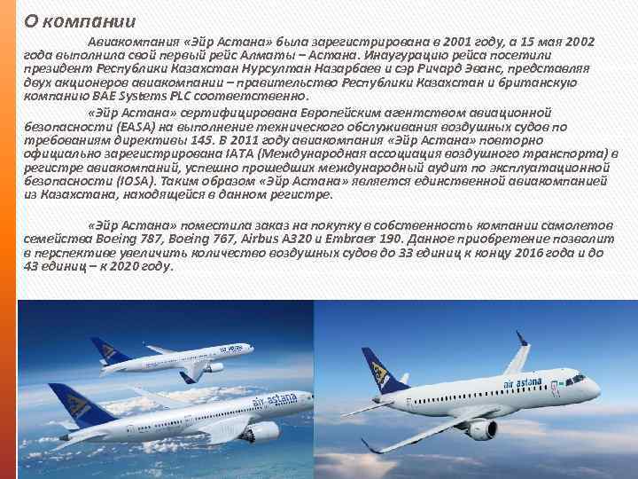О компании Авиакомпания «Эйр Астана» была зарегистрирована в 2001 году, а 15 мая 2002