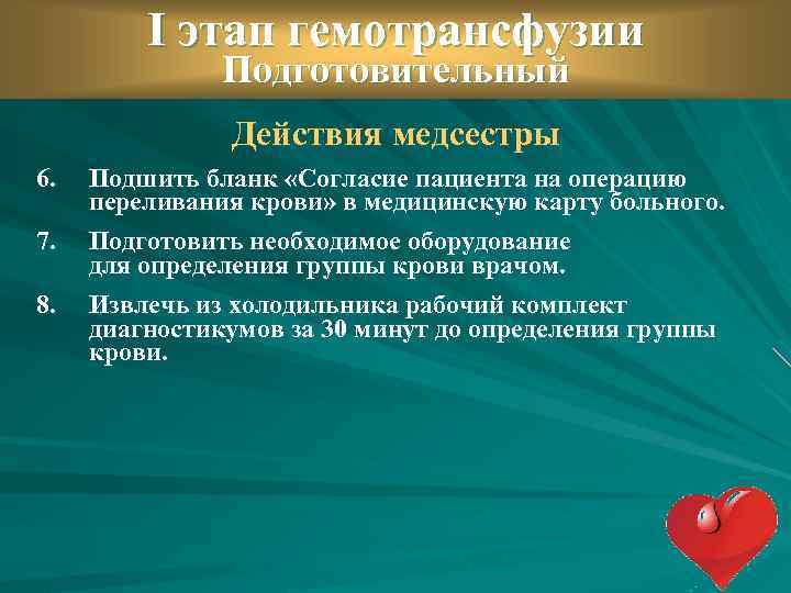 I этап гемотрансфузии Подготовительный Действия медсестры 6. 7. 8. Подшить бланк «Согласие пациента на