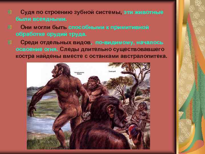  Судя по строению зубной системы, эти животные были всеядными. Они могли быть способными