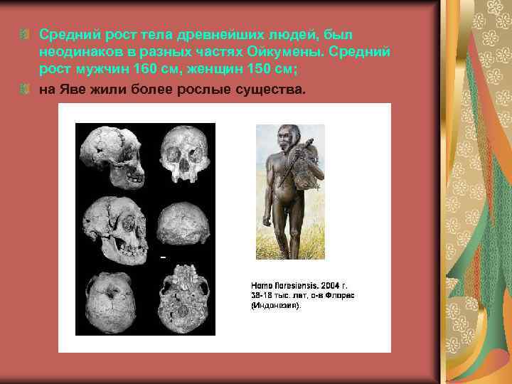 Средний рост тела древнейших людей, был неодинаков в разных частях Ойкумены. Средний рост мужчин