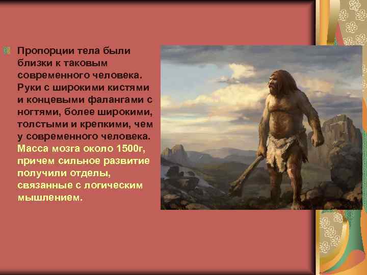 Пропорции тела были близки к таковым современного человека. Руки с широкими кистями и концевыми
