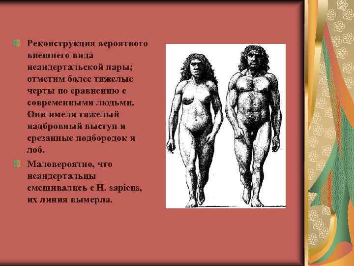 Реконструкция вероятного внешнего вида неандертальской пары; отметим более тяжелые черты по сравнению с современными