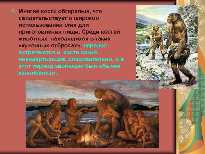 Многие кости обгорелые, что свидетельствует о широком использовании огня для приготовления пищи. Среди костей