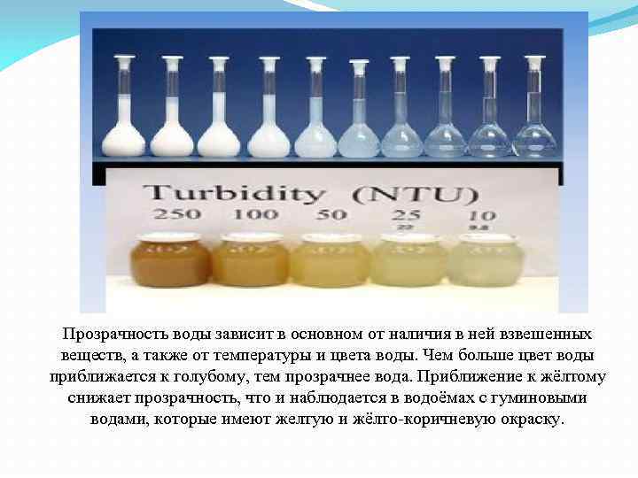 Прозрачность воды зависит в основном от наличия в ней взвешенных веществ, а также от