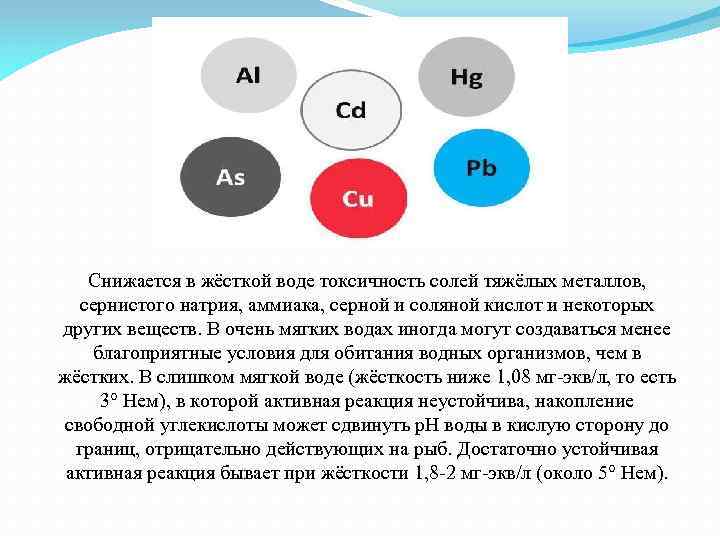 Снижается в жёсткой воде токсичность солей тяжёлых металлов, сернистого натрия, аммиака, серной и соляной