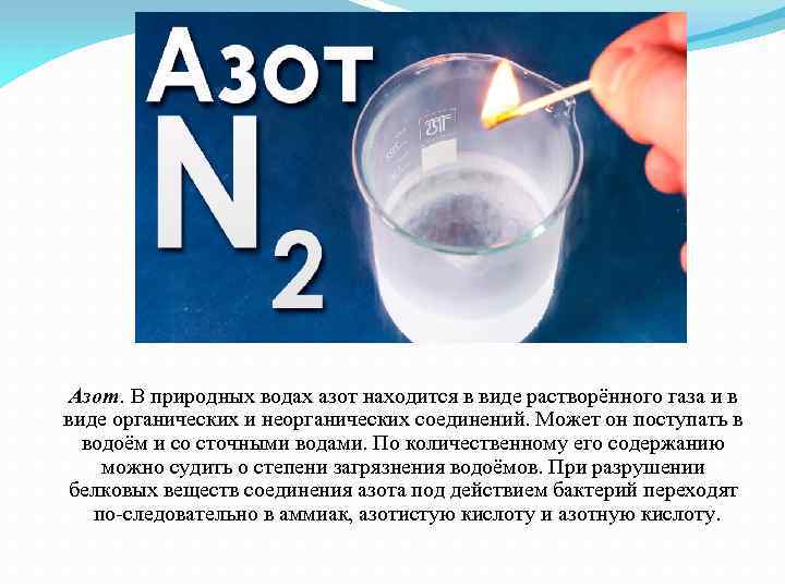 Азот. В природных водах азот находится в виде растворённого газа и в виде органических