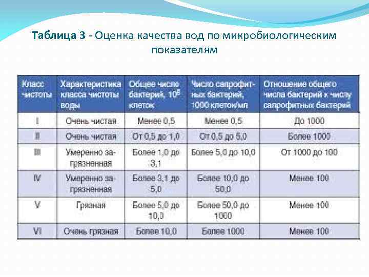 Таблица 3 - Оценка качества вод по микробиологическим показателям 