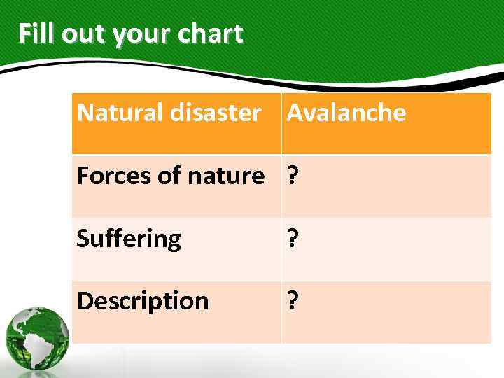 Fill out your chart Natural disaster Avalanche Forces of nature ? Suffering ? Description