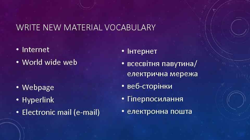 WRITE NEW MATERIAL VOCABULARY • Internet • World wide web • Webpage • Hyperlink