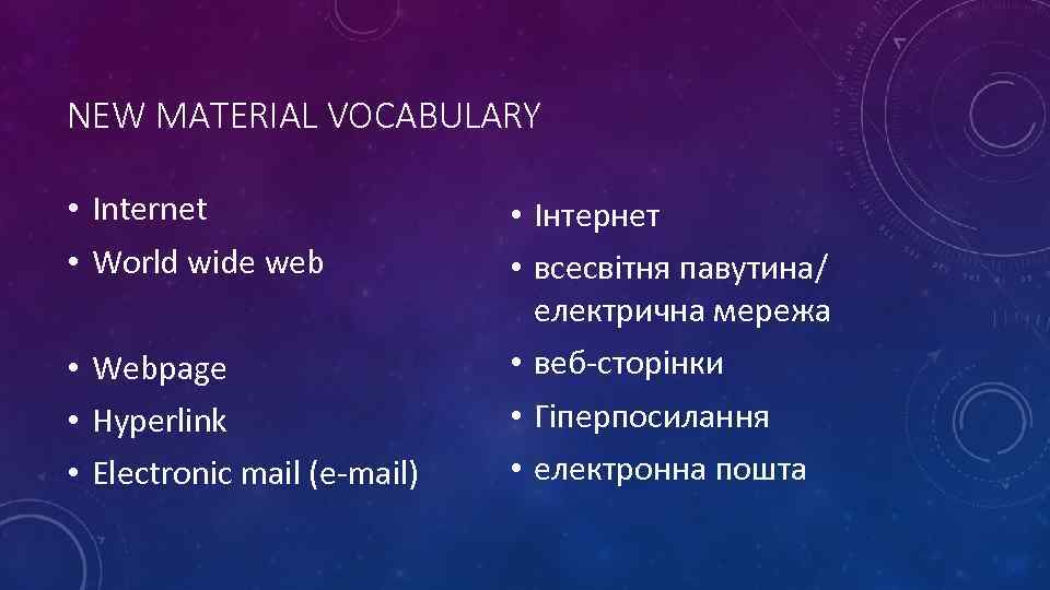 NEW MATERIAL VOCABULARY • Internet • World wide web • Webpage • Hyperlink •