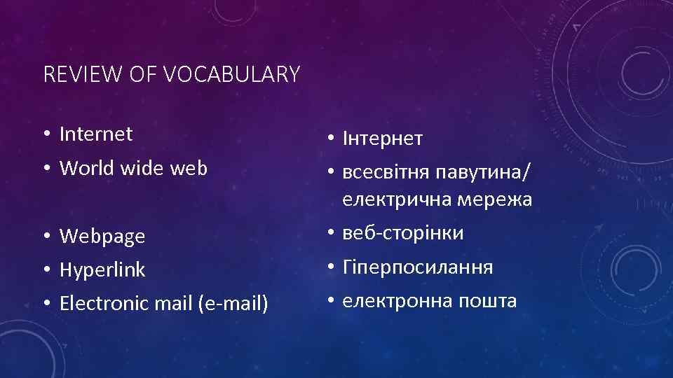 REVIEW OF VOCABULARY • Internet • World wide web • Webpage • Hyperlink •