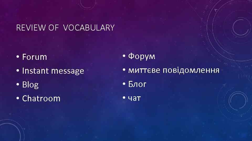 REVIEW OF VOCABULARY • Forum • Instant message • Blog • Chatroom • Форум