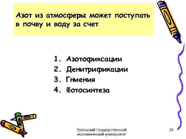 Азот из атмосферы может поступать в почву и воду за счет 1. 2. 3.