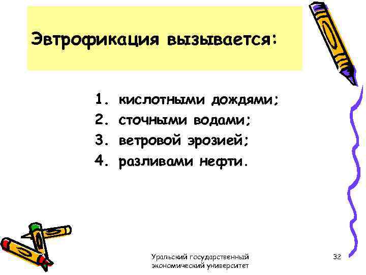 Эвтрофикация вызывается: 1. 2. 3. 4. кислотными дождями; сточными водами; ветровой эрозией; разливами нефти.