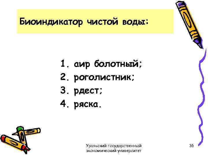 Биоиндикатор чистой воды: 1. 2. 3. 4. аир болотный; роголистник; рдест; ряска. Уральский государственный